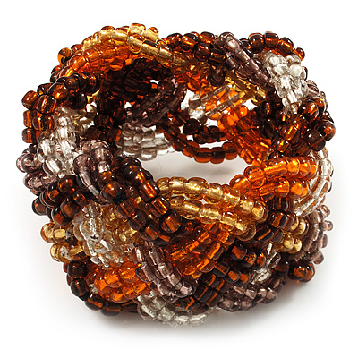 Braided Glass Bead Stretch Bracelet (Orange, Brown & Transparent) - main view