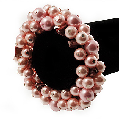 Chunky Baby Pink Simulated Glass Pearl & Shell Flex Bracelet - main view