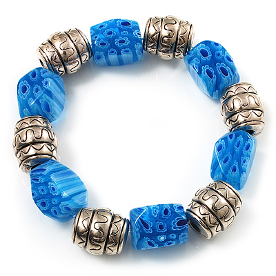Blue Resin & Silver Tone Metal Bead Flex Bracelet - 18cm Length
