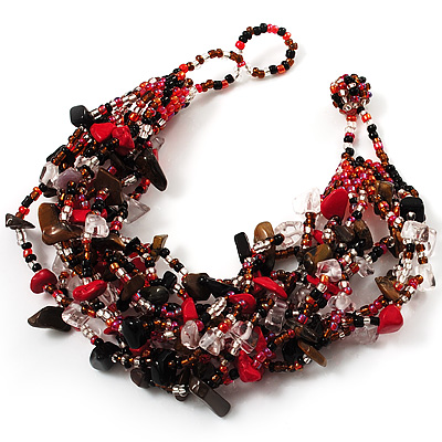 Multistrand Semiprecious & Glass Bead Bracelet (Black & Red) - 17cm Length - main view