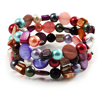Acrylic & Shell Bead Coil Flex Bangle Bracelet (Multicoloured) - main view