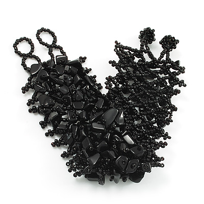 Wide Black Semiprecious & Glass Bead Braided Bracelet -17cm Length - main view