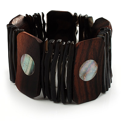 Wide Wood & Shell Stretch Bracelet (Brown & Black) - main view