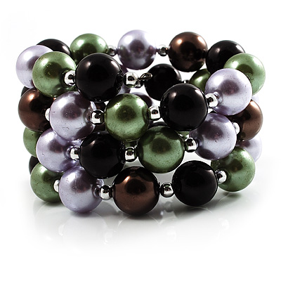Silver Tone Beaded Coil Bracelet (Black, Lavender, Brown & Olive Green) - main view