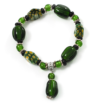 Emerald Green Glass and Ceramic Bead Charm Flex Bracelet - 19cm Long - main view