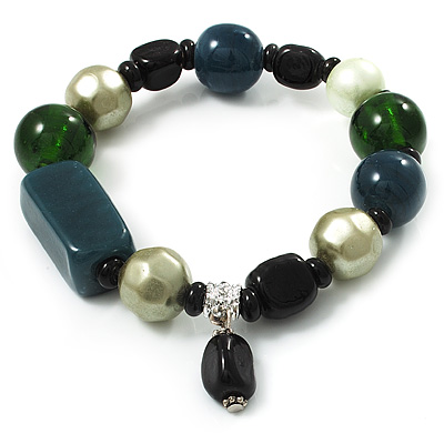 Glass, Ceramic & Plastic Bead Charm Flex Bracelet (Teal, Green & Black) - main view