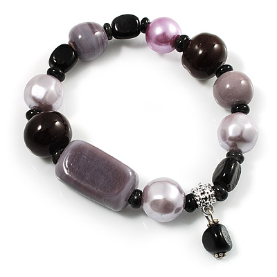 Glass, Ceramic & Plastic Bead Charm Flex Bracelet (Pale Lilac, Pink & Black) - main view