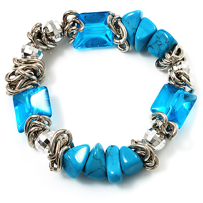 Light Blue Semiprecious Nugget & Silver Tone Metal Link Flex Bracelet - 18cm Length - main view