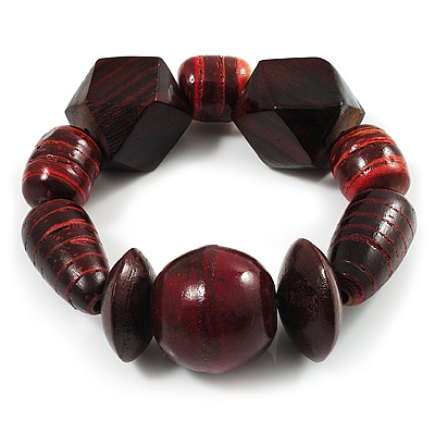 Chunky Dark Cherry Wood Bead Flex Bracelet - 18cm Length - main view