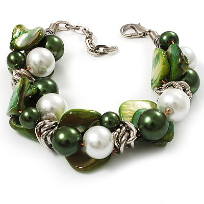 Faux Pearl & Shell - Composite Silver Tone Link Bracelet ( Green, Olive & White) - main view