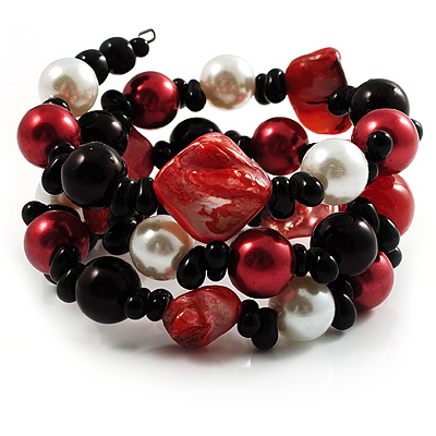 Black-Tone Beaded Shell-Composite Coil Bracelet (Black, White & Red) - main view