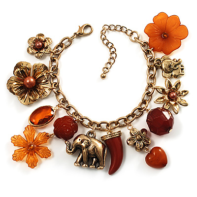 Elephant, Flower & Bead Charm Bracelet (Gold Tone) - main view