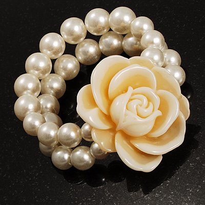 2-Strand White Imitation Pearl Rose Flex Bracelet - main view