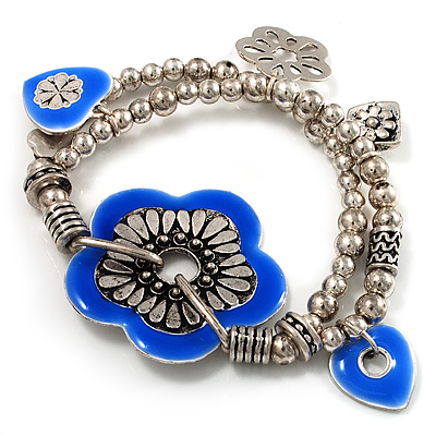 2-Strand Blue Floral Charm Bead Flex Bracelet (Antique Silver Tone) - main view