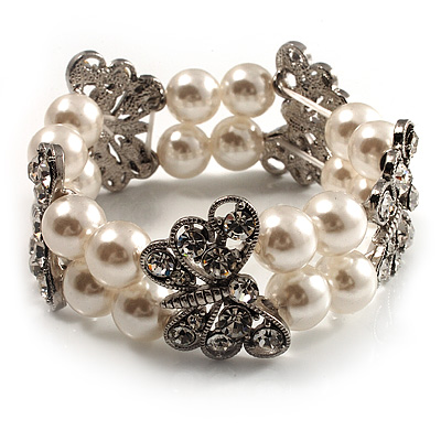 2 Strand Crystal Butterfly Imitation Pearl Flex Bracelet - up to 17cm (for smaller wrists) - main view