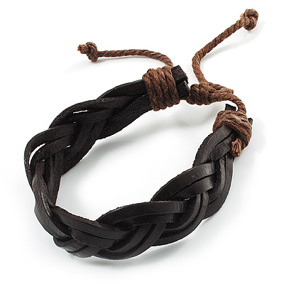 Dark Brown Braided Leather Wristband - main view