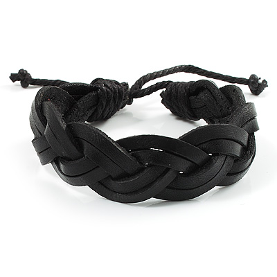 Black Braided Leather Wristband - main view