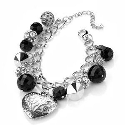 Silver Tone Heart, Bead & Crystal Ball Charm Bracelet - 18cm Length - main view