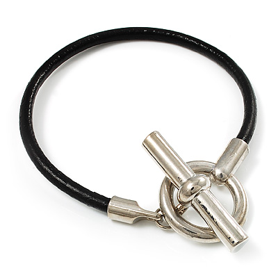 T-Bar Leather Cord Bracelet (Silver Tone) - main view