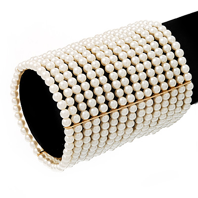 Wide Light Cream Coloured Faux Pearl Flex Bracelet With Gold Metal Bars - 8cm Width - main view