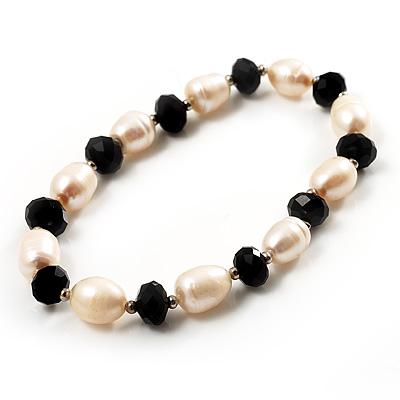 Light Cream Freshwater Pearl & Black Glass Bead Flex Bracelet -19cm Length - main view