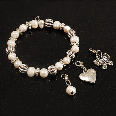 White Freshwater Pearl & Metal Bead  With Adjustable Charm Flex Bracelet - main view