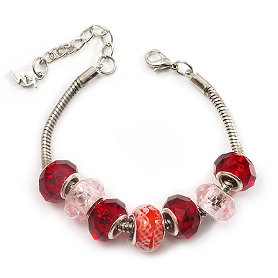 Red & Pink Glass & Acrylic Bead Bracelet (Silver Tone Metal) -17cm Length - main view