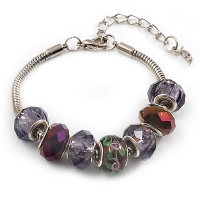 Purple Glass & Acrylic Bead Bracelet (Silver Tone Metal) -17cm Length
