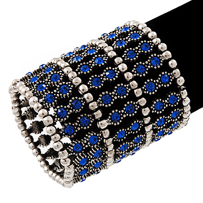 Wide Royal Blue Crystal Flex Bracelet (Silver Tone Finish) - 7cm Width - main view