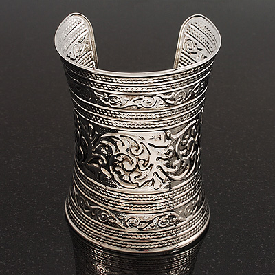 Wide Silver Textured Egyptian Style Cuff Bangle - 10cm Width - main view
