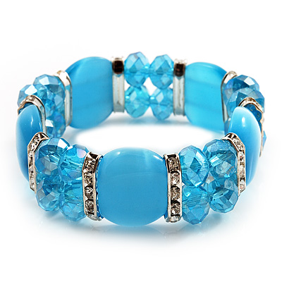 Sky Blue Cat Eye Glass Bead Flex Bracelet -18cm Length - main view