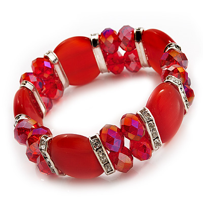 Red Cat Eye Glass Bead Flex Bracelet -18cm Length - main view