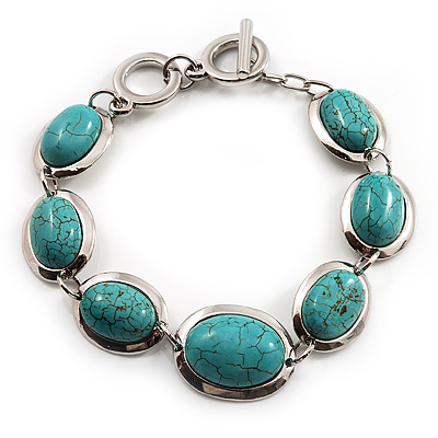 Silver Plated Turquoise Style Link Bracelet With Toggle Clasp -18cm Length - main view