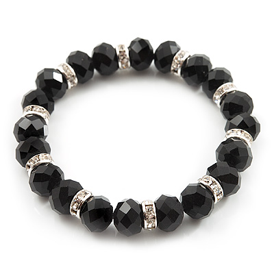 Black Glass Bead With Crystal Rings Flex Bracelet - 19cm Length - main view