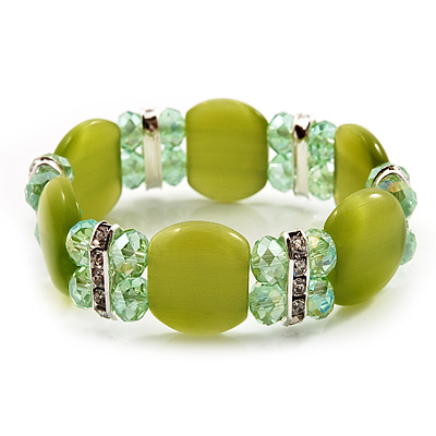 Light Olive Green Cat Eye Glass Bead Flex Bracelet -18cm Length - main view
