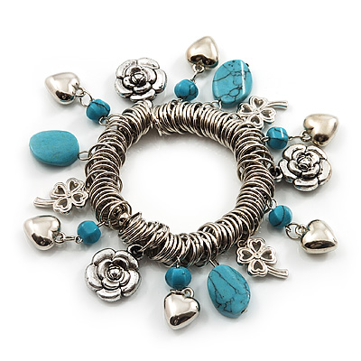 Silver Tone 'Flower & Heart' Charm Turquoise Bead Flex Bracelet - main view