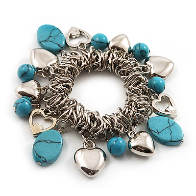 Silver Tone 'Heart' Charm Turquoise Bead Flex Bracelet - main view