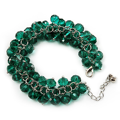 Emerald Green Glass Bead Bracelet (Silver Tone Metal) - 16cm Length (Plus 5cm Extender) - main view