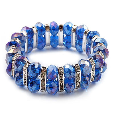 2 Row Blue Crystal Diamante Flex Bracelet (Silver Metal Finish) -17cm Length - main view