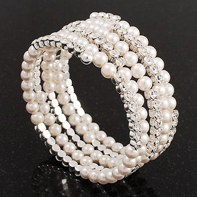 Wide Imitation Pearl Beaded & Clear Crystal Coil Flex Bangle Bracelet - main view
