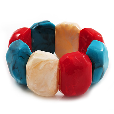 Multicoloured Resin Flex Bracelet (Light Blue, Cream & Red) - 18cm Length - main view
