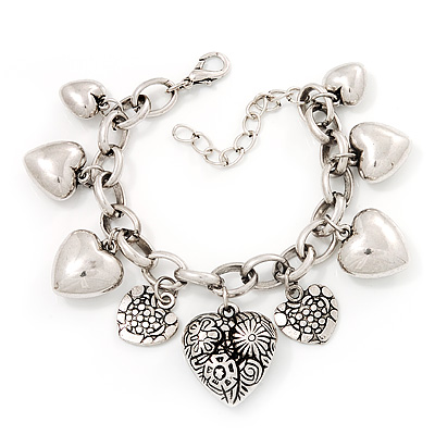 Chunky Oval Link 'Heart' Charm Bracelet In Silver Tone Metal - 18cm Length with 5cm extension - main view