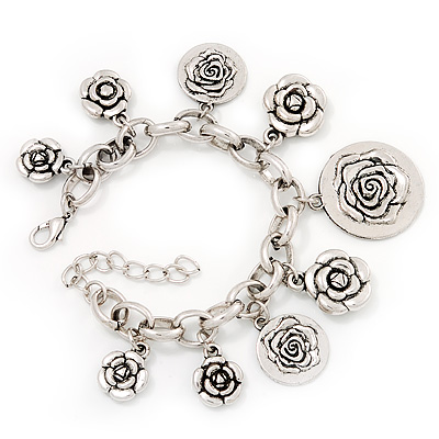 Chunky Oval Link 'Rose' Charm Bracelet In Silver Tone Metal - 18cm Length with 5cm extension