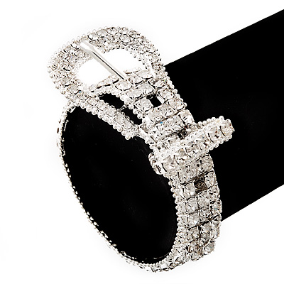 Unique Diamante 'Buckle' Bracelet In Rhodium Plated Metal - up to 19cm length - main view