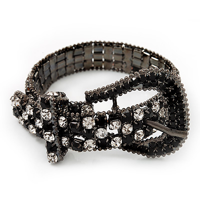 Unique Black & White Diamante 'Buckle' Bracelet In Gun Metal Finish - up to 19cm length - main view