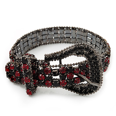 Unique Black & Red Diamante 'Buckle' Bracelet In Gun Metal Finish - up to 19cm length