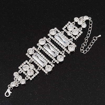 Clear CZ Bridal Bracelet In Rhodium Plated Metal - 14cm Length (7cm Extension) for smaller wrists - main view