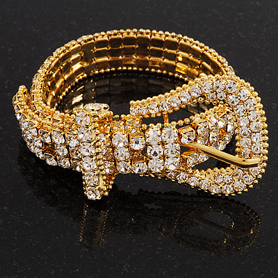 Unique Clear Diamante 'Buckle' Bracelet In Gold Plated Metal - up to 20cm length - main view