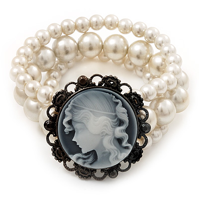 3-Strand Faux Pearl Cameo Flex Bracelet - up to 19cm wrist - main view