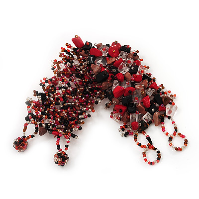 Wide Black/Red/Transparent Semiprecious & Glass Bead Braided Bracelet -17cm Length - main view